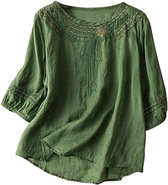 Women's 3/4 Sleeve Linen Shirts Lace Embroidery Gauze Tunic Blouse Summer Lightweight Loose Hem Chiffon Tops