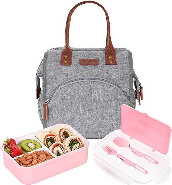 BUNNYSLOPE Insulated Lunch Bag and Bento Box with 3 Leakproof Compartments for Adults and Kids Pink