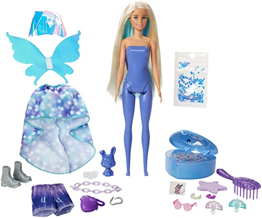 Barbie Color Reveal Peel Fairy Fashion Reveal Doll Set with 25 Surprises Including Blue Peel-able Doll & Pet & 16 Mystery Bags with Clothes & Accessories for 2 Fairy-Inspired Looks