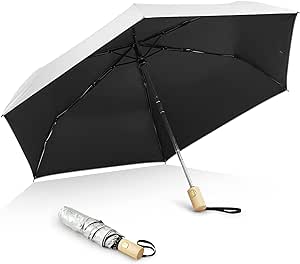 G4Free 42 Inch Travel Umbrella UPF 50  UV Protection with Wooden Handle Auto Open Close Lightweight Sun Rain Folding Umbrellas