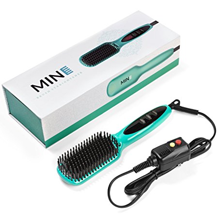 MINE Hair Straightener Brush – with Anti Scald Ceramic Comb Teeth, Dual Voltage, Easy to Operate Temperature Control, Automatic Button Lock – for a Fizz-Free and Smooth Mane