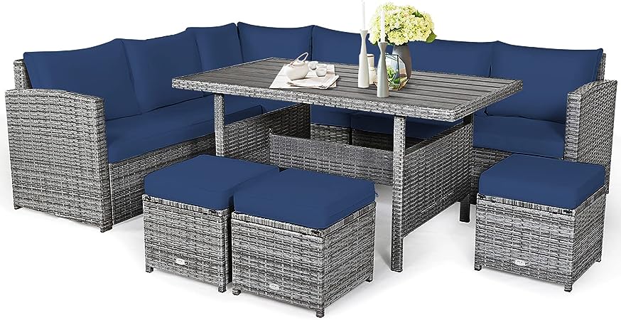 COSTWAY 7 PCS Patio Rattan Dining Set Sectional Sofa Couch Ottoman Navy