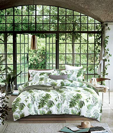 MILDLY Bedding Duvet Cover Sets Queen Size, 100% Egyptian Cotton Duvet Cover with Zipper Closure and 2 Pillow Shams, Botanical Leaves Pattern Printed,Bert