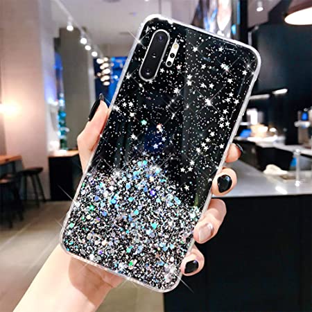 Case for Galaxy Note 10 Plus Glitter Case,Clear Bling Glitter Slim TPU Rubber Gel Skin Stars Case Cover Sparkle Shiny Crystal Phone Cover Bumper Case for Galaxy Note 10 Plus Case for Girl Women,Black