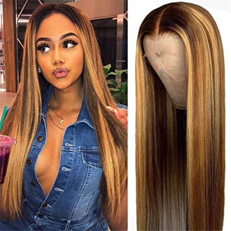 For Black Women Lace Front Human Hair Wigs Straight Highlight Honey Blonde Brown 13X4 Lace Frontal Wig Pre Plucked Brazilian Remy (KADOYEE HAIR 130 Density 16in) …
