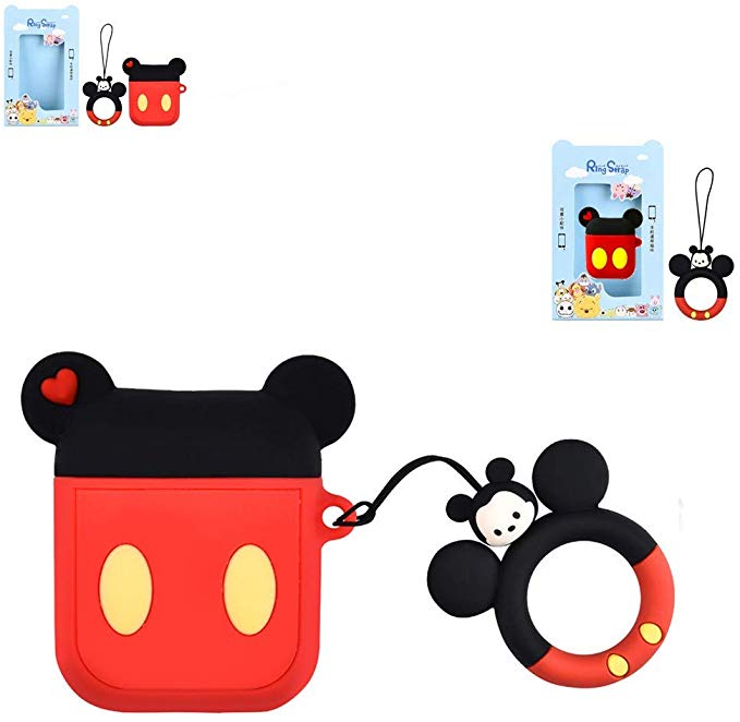 Airpods Case, Kids Girls Lovely Cute Mickey 3D Cartoon Kawaii Airpods Cover, Soft Silicone Protective Shockproof Fashion Charging Skin Matching with Disney Ring Strap Holder for Apple Airpods 2/1