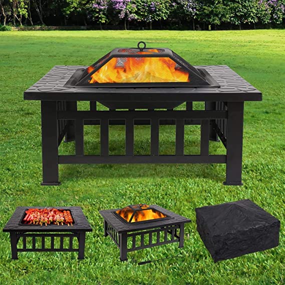 Femor 3 in 1 Garden Fire Pit with BBQ Grill Shelf, Multifunctional Fire Pit for Heating/BBQ, Garden Terrace Fire Bowl, Square Metal Fire Basket with Waterproof Protective Cover, Great