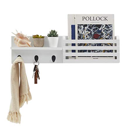 GHC Wall Mounted Mail Holder Key Rack Organizer with 3 Hooks,1 Compartment and 1 Shelf for Entryway and Kitchen (White)