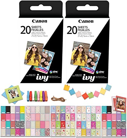 Canon Zink Glossy Photo Paper (2" x 3") 2 Packs (40 Prints) with Picture Frames and Picture Frame Stickers. (for Canon Ivy Mobile Mini Photo Printer/Ivy CLIQ Instant Camera/Ivy CLIQ )