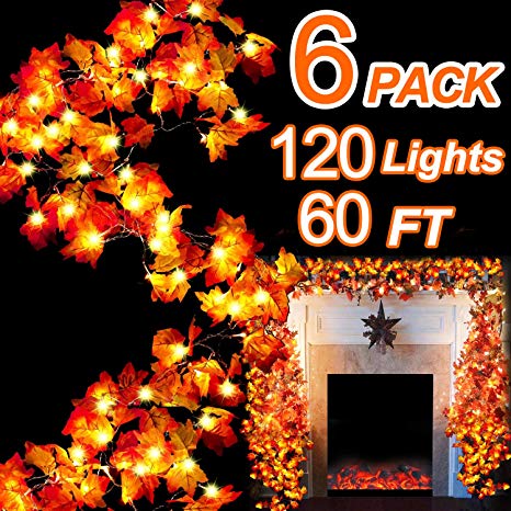 TURNMEON 6 Pack Thanksgiving Decor Fall Maple Leaves Garland LED Lights - 120 LED Lamps   120 Autumn Maple Leaves 60 Ft String Lights Indoor Outdoor Use Lighted Halloween Decoration Patio Garden