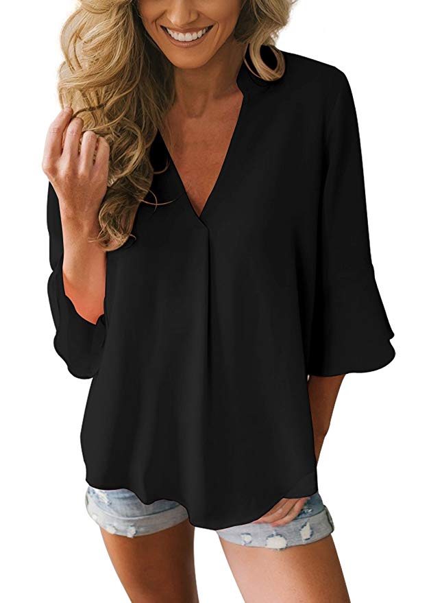 Dokotoo Womens 3 4 Bell Sleeve V Neck Chiffon Tops Casual Solid Blouse Loose Shirts S-XXL