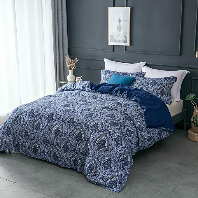 PHF Washed French Linen Duvet Cover Set Queen Size Soft Paisley Pattern Home Decorations for Winter Navy Blue