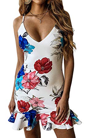 Angashion Women's Sexy Floral V Neck Spaghetti Strap Ruffle Hem Bodycon Mini Dress