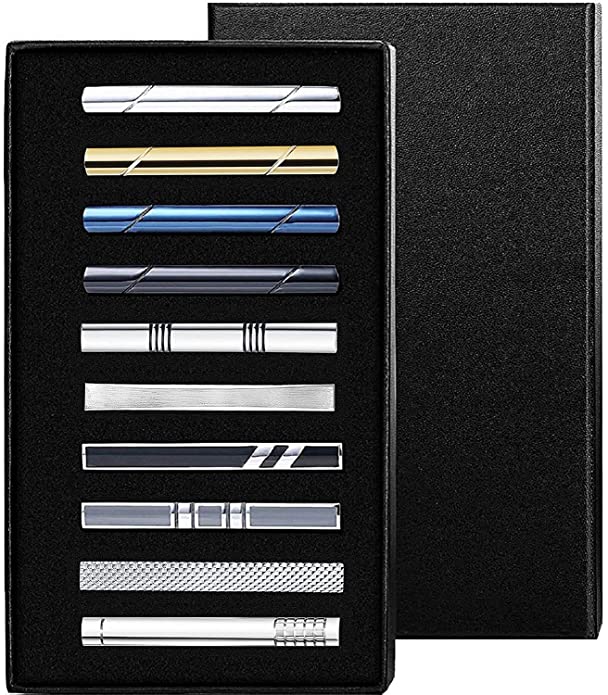 FUNRUN JEWELRY 10PCS Tie Clips Set for Men Tie Bar Clip Black Silver-Tone Gold-Tone for Wedding Business with Gift Box