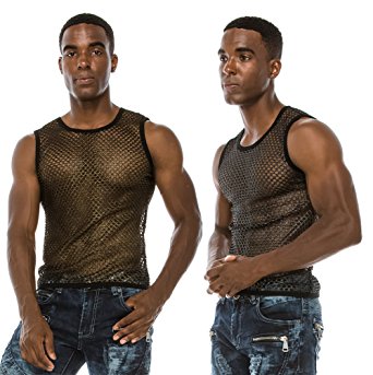 Angel Cola Men's Mesh Fishnet Fitted Muscle Top 1, 2 Pack
