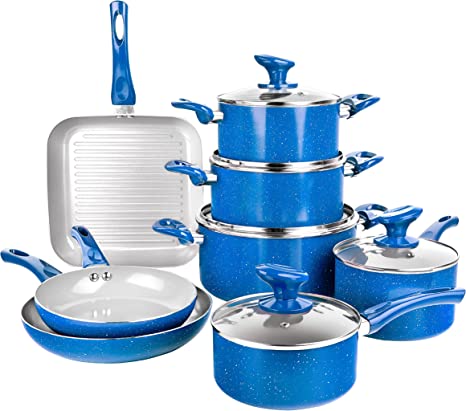 Granitestone Nonstick Cookware Set 13 Piece Nonstick Pots and Pans Set with Triple Layer Diamond Coating, 100% PFOA Free, Stay Cool Touch Handles, Metal Utensil Safe, Oven & Dishwasher Safe - Blue