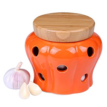 Vented Garlic Keeper Storage Container with Tight Seal Bamboo Lid, Orange
