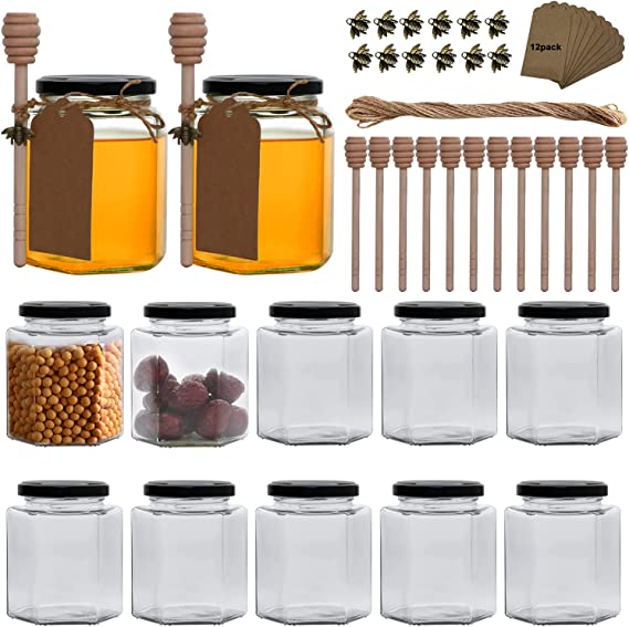 Woaiwo-q 16 oz Hexagon Glass Honey Jars, 12 Pack Hexagon Glass Jars with Black Lids,Wooden Honey Sticks,Bronzy Bee Pendants,Big Tags,15m Jute Twine for Party Favors-Mason Jars for Foods,Jams.