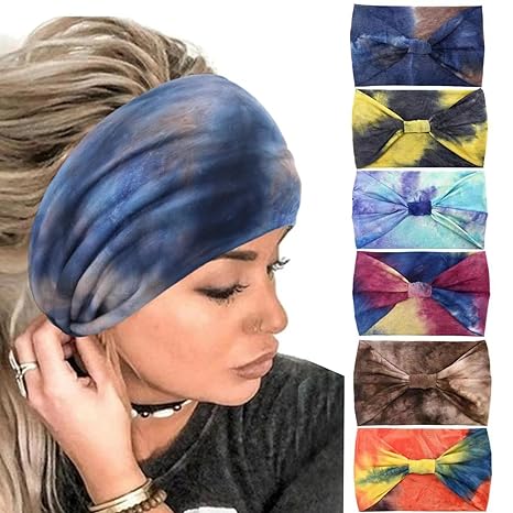 Yeshan Wide Boho Headbands Tie Dyed Head Bands Thick Head Wraps Large Turban Headbands Elastic Hair Scarf for Women,pack of 6