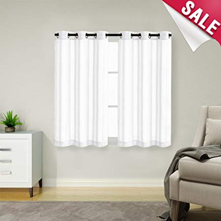 Kitchen Tier Curtains 45 inch White Striped Cafe Curtains Sheer Tier Curtains for Bathroom Grommet Top, 2 Panels