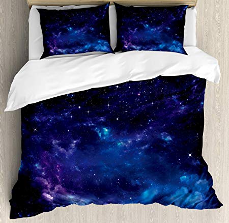 Ambesonne Sky Duvet Cover Set King Size, Space Night Time Universe Stars and Nebulas Distant Parts of Galaxy, Decorative 3 Piece Bedding Set with 2 Pillow Shams, Purple Charcoal Grey and Blue