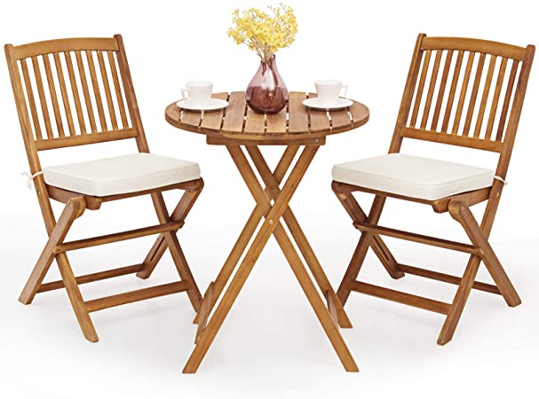 Giantex 3Pcs Patio Bistro Set, Wood Folding Table Set, 2 Cushioned Chairs for Garden Yard, Outdoor Furniture Round Table (Natural & Beige)