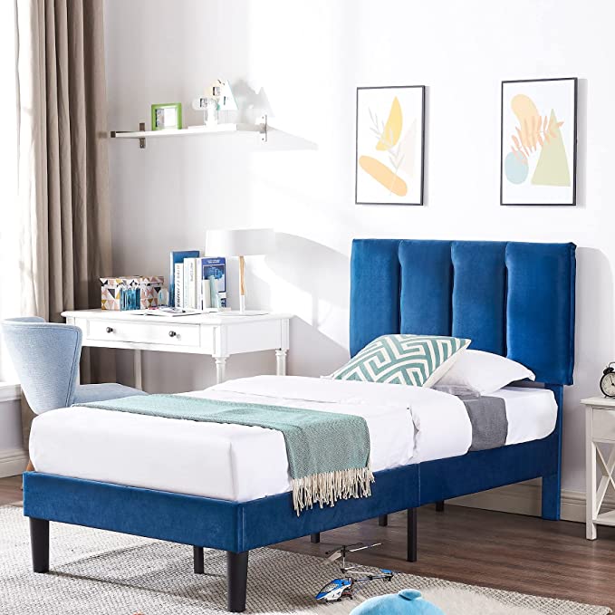 VECELO Twin Size Bed Frame, Modern Upholstered Platform Bedframe, Adjustable Headboard, Wood Slat Support, No Box Spring Needed, Easy Assembly, Blue