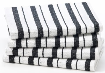 Cotton Craft - 4 Pack Oversized Kitchen Towels, 20x30 - Black, Pure 100% Cotton, Crisp Basket weave striped pattern, Convenient hanging loop - Highly absorbent, Professional Grade, Soft yet Sturdy