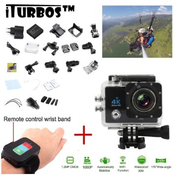 iTURBOS 16MP 4k Sport Action Camera 2inch Sports Video WIFI Cam Underwater Camcorder Wrist 2.4G Wireless RF Remote Control Portable