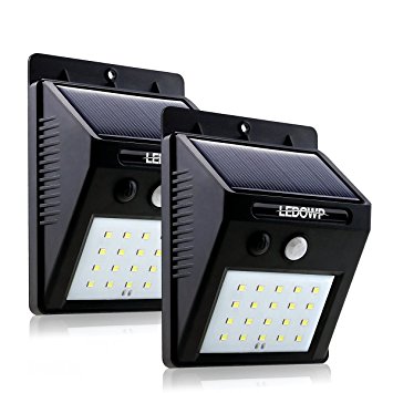 20 LED Solar Powered Motion Sensor Exterior Light, Wireless 4 Intelligent Modes Motion Activated for Outdoor Garden Patio Deck Yard Porch Driveway Stairs by LEDOWP, Easily Secured ( 2 Pack )