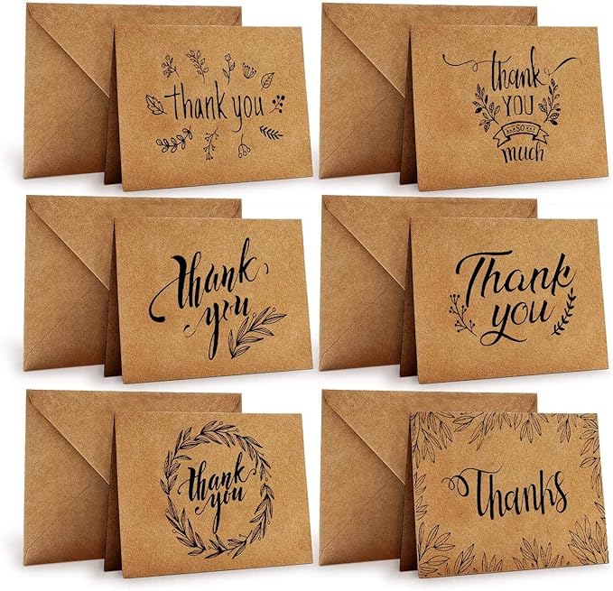 Thank You Cards of Ohuhu, 36 Pack Brown Kraft Paper 6 Design of Assorted 4 x 6 Inch Thank U Greeting Note Card with Envelopes and Stickers for Wedding, Business, Birthday, Baby Shower, Blank Inside