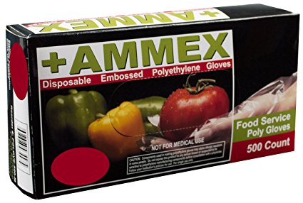 Ammex PGLOVE-500 Food Service Poly Gloves, Latex Free, Disposable, 1 mil Thickness, Powder Free, Medium, PGLOVE-M-500-BX (Box of 500)