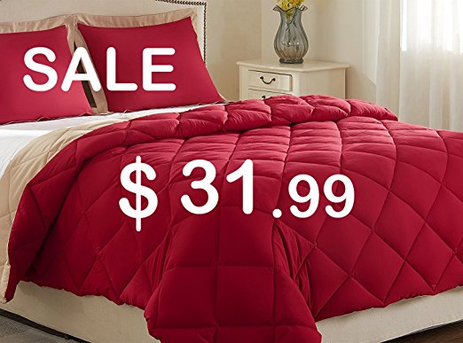 downluxe Lightweight Solid Comforter Set (King) with 2 Pillow Shams - 3-Piece Set - Red and Tan - Hypoallergenic Down Alternative Reversible Comforter by