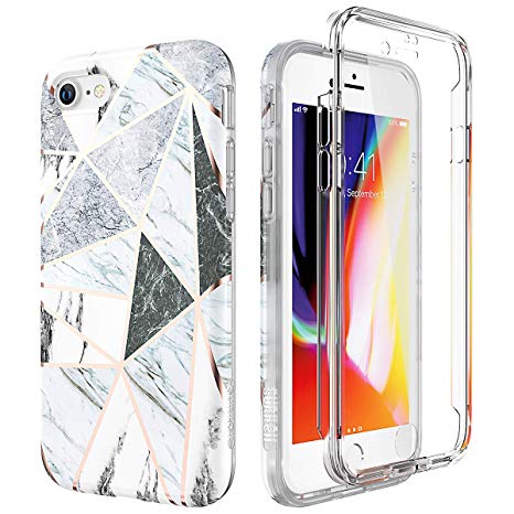 SURITCH Marble iPhone 8 Case/iPhone 7 Case, [Built-in Screen Protector] Full-Body Protection Hard PC Bumper   Glossy Soft TPU Rubber Gel Shockproof Cover Compatible with Apple 7/8- Gray/White