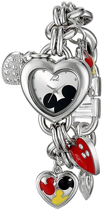 Disney Women's MK2058 Mickey Mouse Silver-Tone Sunray-Dial Charm Bracelet Watch