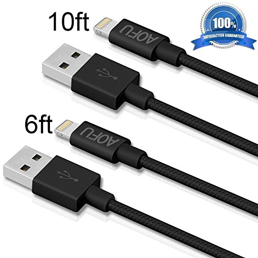 AOFU iPhone Cable,2Pack (6FT 10FT) Extra Long Nylon Braided Cord Apple Lightning Cable Certified to USB Charging Charger for iPhone 7/7 Plus/6/6S/6 Plus/6S Plus/5/5S/5C/SE,iPad,iPod 7 (Black,6FT 10FT)