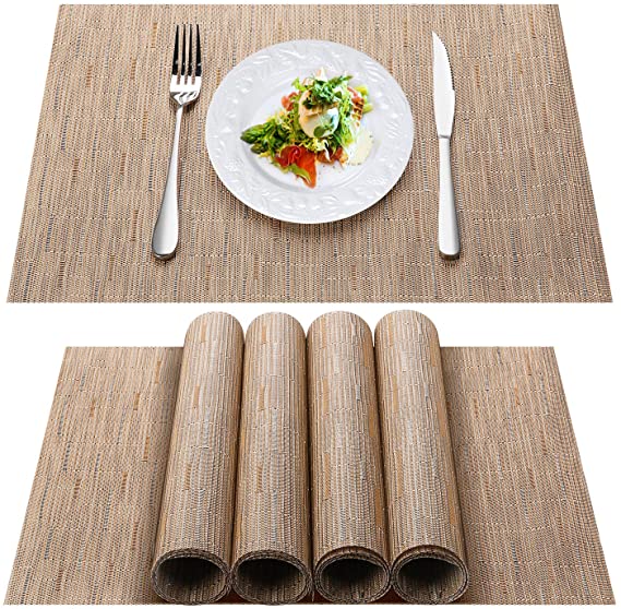 HOKEKI Placemats,Washable Vinyl Heat Resistant Table Mats,Non-Slip Wipe Clean PVC Placemats for Dining Table Sets of 4 (Beige)