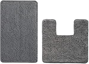 Gorilla Grip Bath Rug and Square U-Shape Contoured Mat for Toilet, Both Gray, Bath Rug is Size 30x20, Contoured Mat is Size 22.5x19.5, 2 Item Bundle