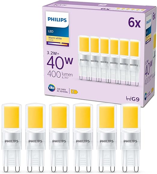 PHILIPS LED Classic G9 Capsule Light Bulb 6 Pack [Warm White 2700K - G9] 40W, Non Dimmable. for Home Indoor Lighting