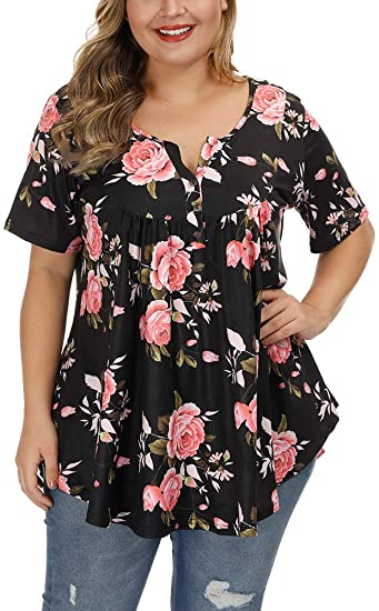 Allegrace Women's Plus Size Floral Blouses Henley V Neck Button Up Tunic Tops Ruffle Flowy Short Sleeve T Shirts