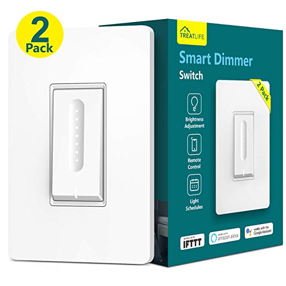 Smart Dimmer Switch, Treatlife WiFi Light Switch for Dimmable LED/Halogen/Incandescent Bulbs, Compatible with Alexa, Google Assistant/IFTTT, Remote Control, Single-Pole, Neutral Wire Required (2 PACK)