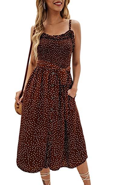 Angashion Women's Dresses - Summer Boho Floral Spaghetti Strap Button Down Belt Swing A line Midi Dress with Pockets