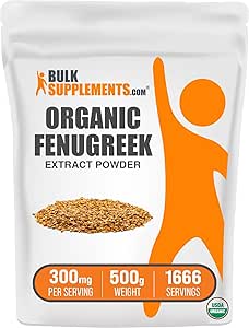 BulkSupplements.com Organic Fenugreek Extract Powder - Fenugreek Supplements, from Fenugreek Seeds - Fenugreek Powder, Gluten Free, 300mg per Serving, 500g (1.1 lbs) (Pack of 1)