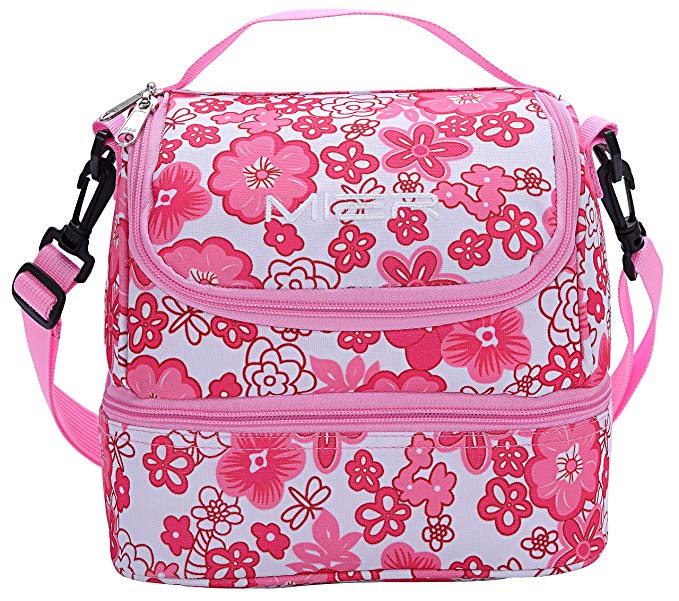 MIER 2 Compartment Insulated Lunch Bag Cooler Lunch Box Tote for Kids, Girls, Women (Pink Flower)