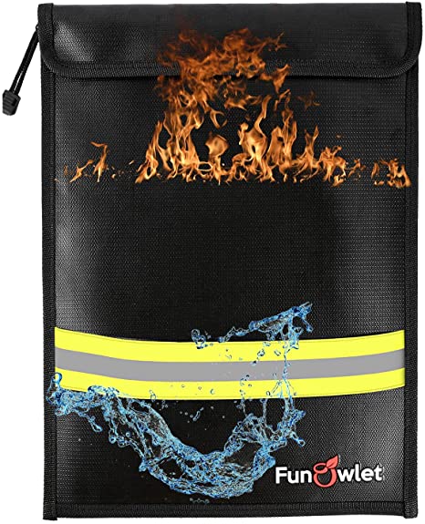 Fireproof Waterproof Money Document Bag - 15" x 11" Upgraded Zipper Bags, Fire & Water Resistant Storage Organizer Pouch for A4 A5 Documents Holder,File,Cash,Jewelry,Passport,Tablet,Laptop (Black)