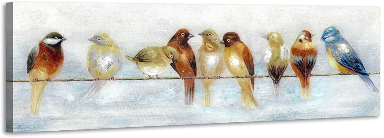 Abstract Birds Canvas Wall Art: Colorful Birds on Wire Picture Sparrow Painting Artwork for Living Room (36'' x 12'' x 1 Panel)