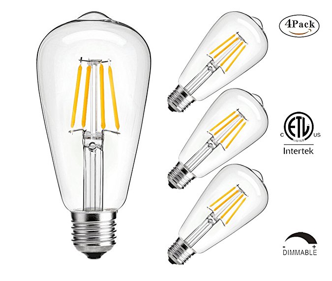 Dimmable led light bulb, 4w LED Edison Bulb, 40 Watt Incandescent Equivalent, 4W Vintage LED Filament Light Bulb, st64 led bulb,2700K Soft White ,e26 /e27 led bulb, Clear Glass Cover , 4 Pack