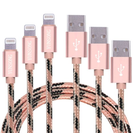 Lightning Cable, YUNSONG [3-pack] 5FT Nylon Braided 8 Pin Lightning Cable Syncing and Charging USB Cables Charger Cord for iPhone 6s/6 plus/6s plus, 5s/SE, iPad 3/4 Mini Air [Rose Gold]
