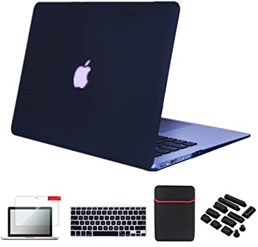 Se7enline Macbook Air Case Cover [5 in 1 Bundle] Multi colors Soft-Touch Plastic Hard Case Cover for Macbook Air 13.3" (Models: A1369, A1466),with Soft Sleeve Bag and Silicon Keyboard Protector and Clear LCD Screen Protector and 12pcs Dust plug, Black