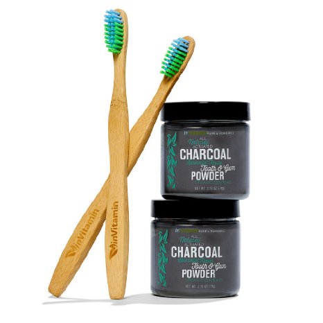 Natural Whitening Tooth & Gum Powder with Activated Charcoal, 2 x 2.75oz jars   2 WooBamboo Toothbrushes - Spearmint Flavor